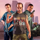 Promotional artwork for GTAV featuring the three male protagonists brandishing weapons before a city skyline